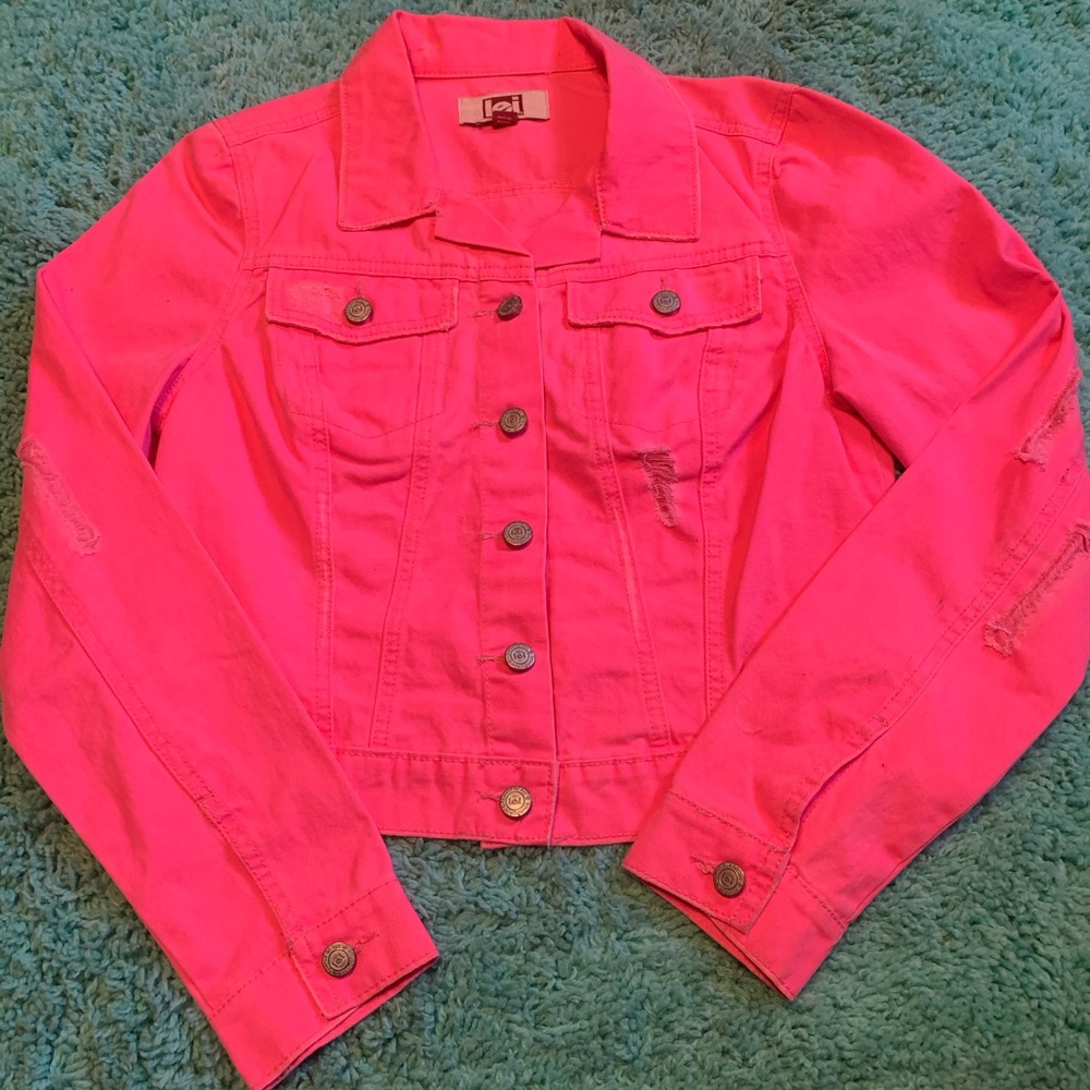 l.e.i. Bright Neon Pink Cropped Denim Jacket